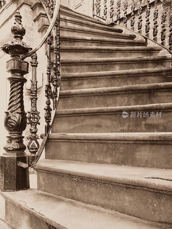 Sepia Fancy Outdoor Curved Cement Staircase, Savannah, Georgia